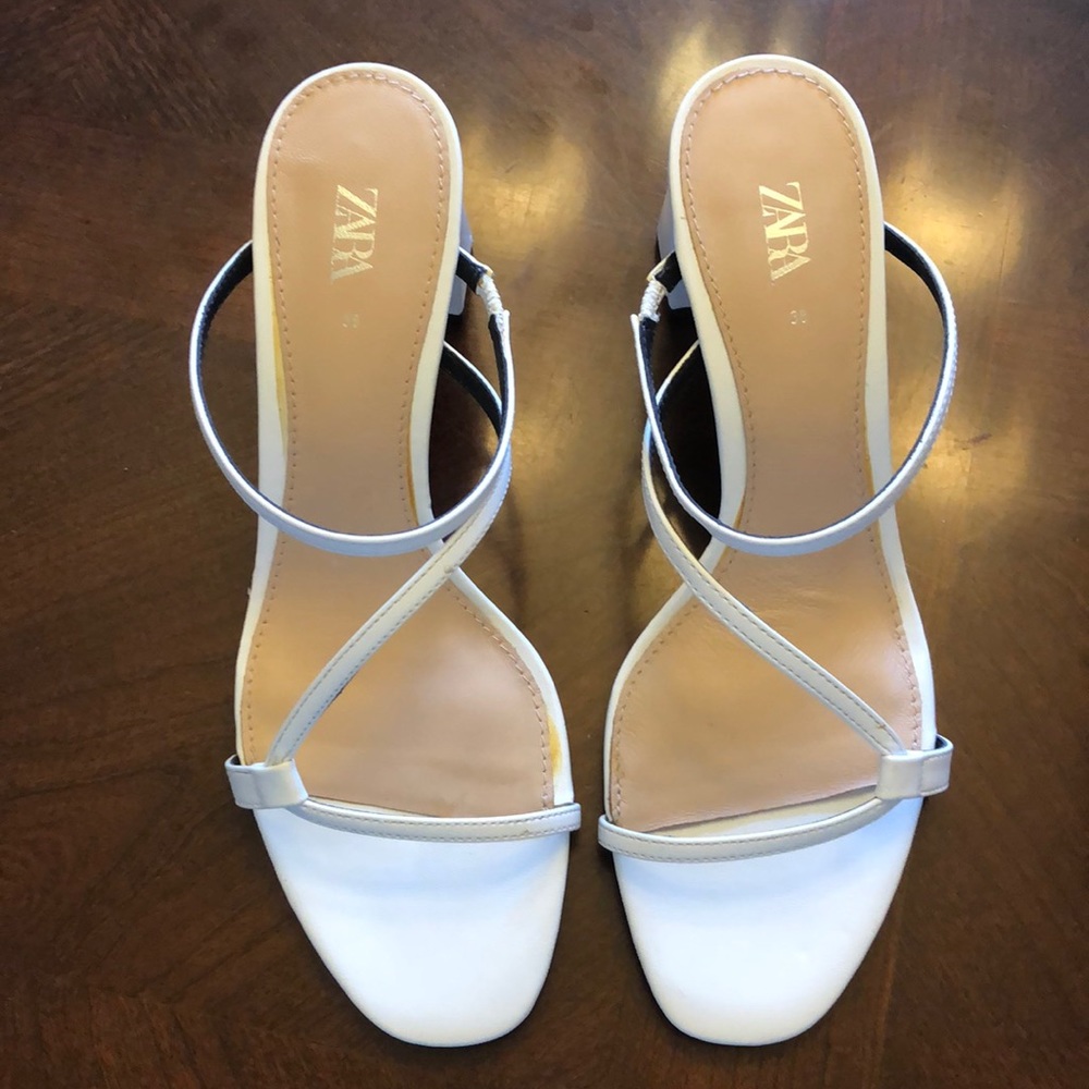 Zara White Strappy Sandal with Chunky Heel